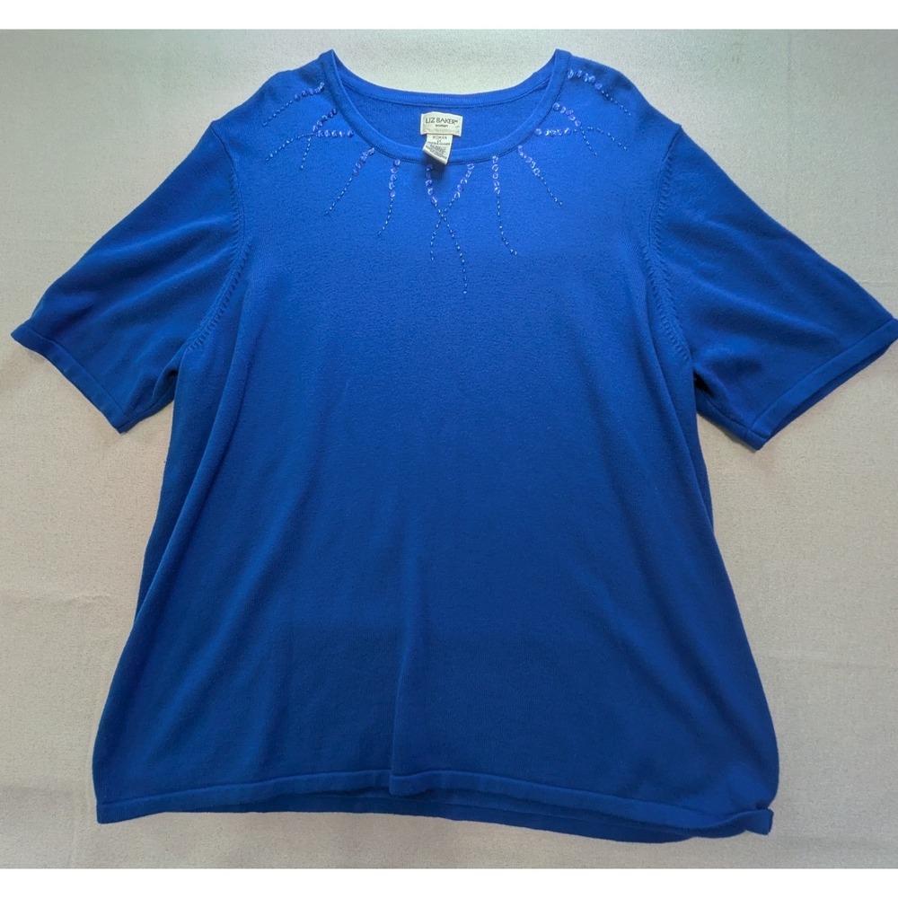 Liz Baker Knit Sweater Top Womens 2X Blue Sequin Short Sleeve Crew Neck